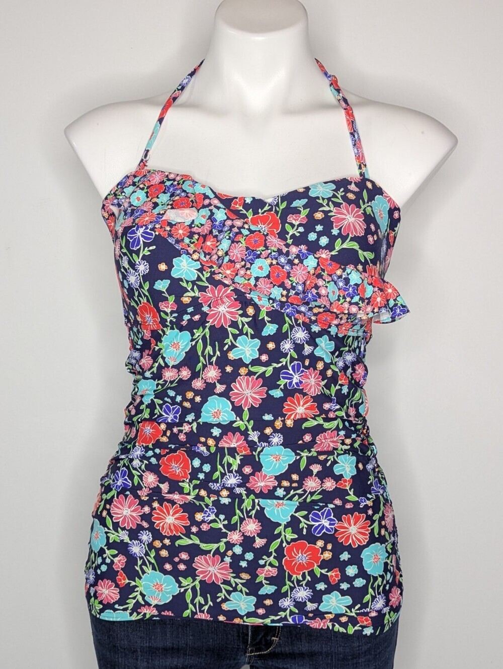 Anne Cole Blue Red Floral Ruffle Tankini Top L